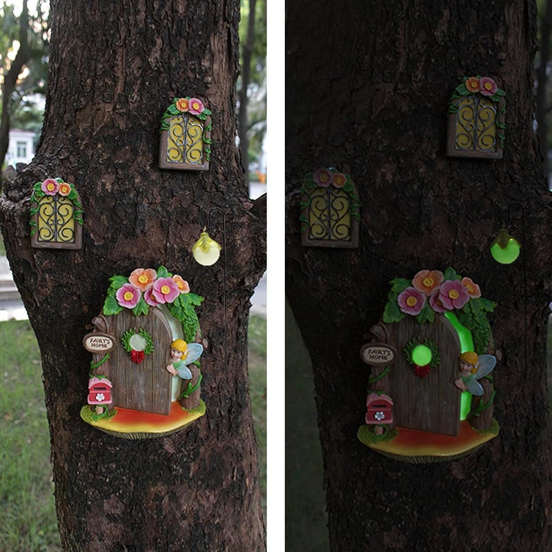 IMOFEE Fairy Door and Windows Garden Kit Accessories Outdoor, Glow in Dark Gnome House for Tree, Lawn Yard Art Sculpture, Miniature Garden Decor (Fairy) - Image 3